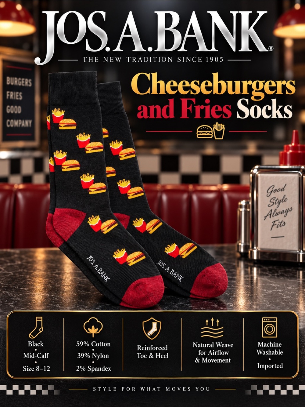 Jos. A. Bank Cheeseburgers & Fries Mid Calf Socks NEW